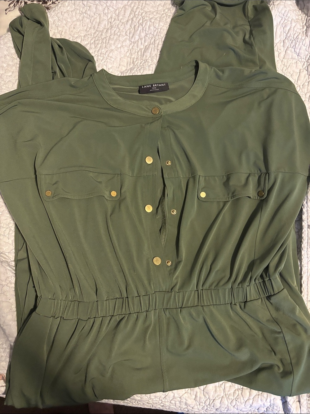 Lane Bryant Olive Utility Button-Front Blouse with Gold Buttons